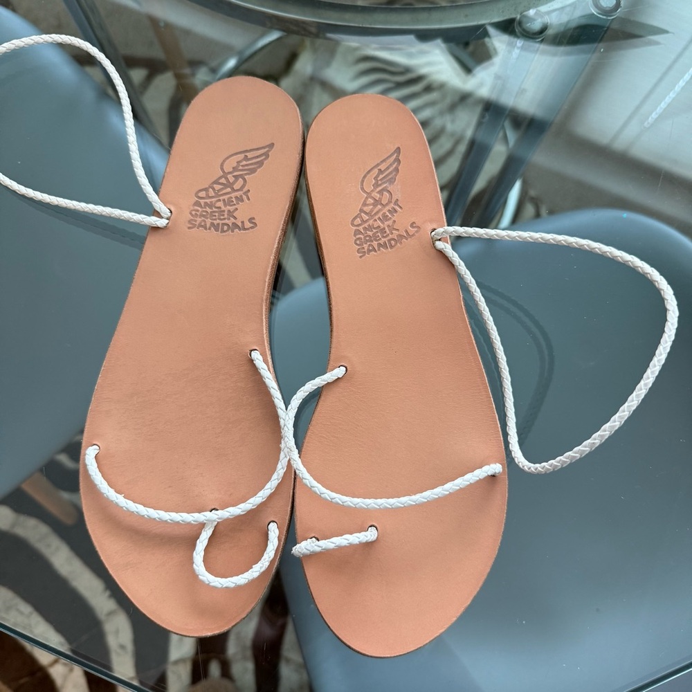 Ancient Greek Sandals White Rope Lace Tan Leather Footbed Sandals